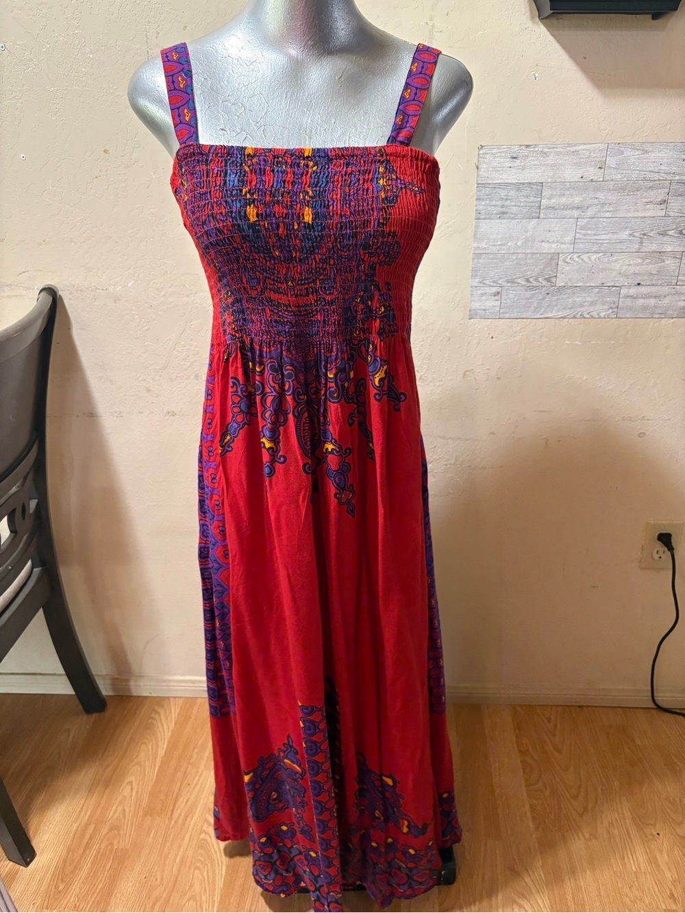 Vibrant Red Smocked Maxi Dress with Purple Trim